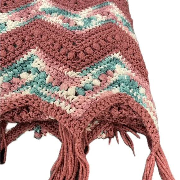 Handmade Chevron Crochet Blanket throw with Fringe 64x40”